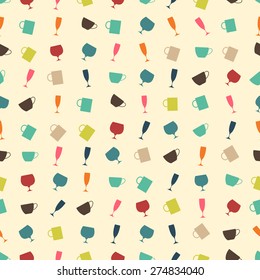 Seamless colorful background made of different kind of dishes in retro colors in flat design