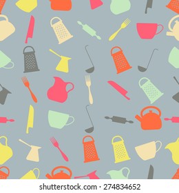 Seamless colorful background made of different kind of dishes in flat design
