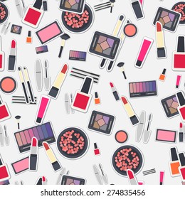 Seamless colorful background made of different kind of cosmetics in flat design