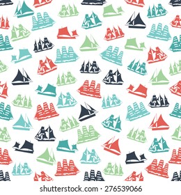 Seamless colorful background made of  different ships in flat simple design