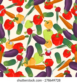 Seamless colorful background made of eggplant, green onion, radish, pepper and cucumber in flat design