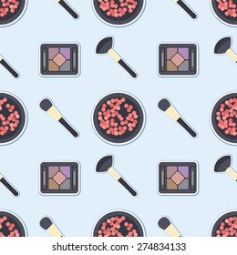 Seamless colorful background made of eye shadows, blush and brushes for make up  in flat design
