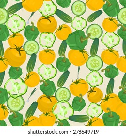 Seamless colorful background made of pepper, cucumber and yellow tomato in flat design
