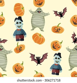Seamless colorful background made of pumpkin, bat, mummy and zombie