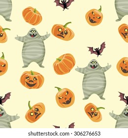 Seamless colorful background made of pumpkin, mummy and bat