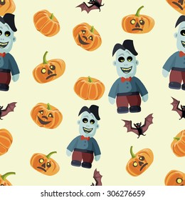 Seamless colorful background made of pumpkin, bat and zombie