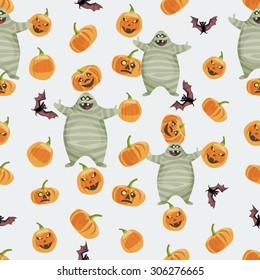 Seamless colorful background made of pumpkin, mummy and bat