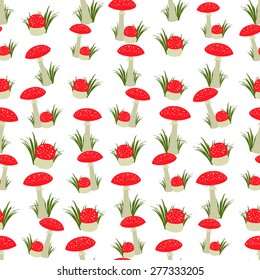 Seamless colorful background made of  red fly agaric in flat design