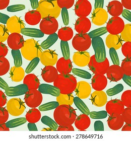 Seamless colorful background made of red and yellow tomato and cucumbers in flat design