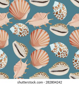 Seamless colorful background made of shell and conch in flat design