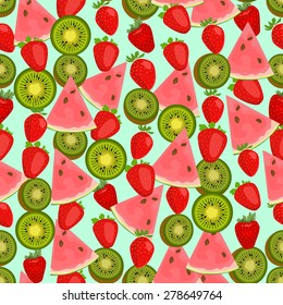 Seamless colorful background made of watermelon, kiwi and strawberry in flat design