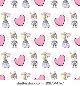 Seamless colorful background with Prince and Princess on white. Graphic vector illustration, Doodle sketch with elements of vintage design. Suitable for invitations, greeting cards.