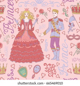 Seamless colorful background with prince and princess on pink. Graphic vector illustration, doodle sketch with vintage design elements. Suitable for invitation, greeting cards