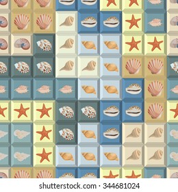 Seamless colorful background with sea shells on tetris shapes