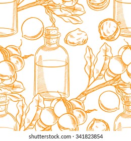 seamless colorful background with sketch of macadamia nuts and a bottle of oil. hand-drawn illustration