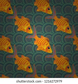 Seamless colorful background. Vector illustration. Cute texture fish pattern. Fishes in blue, yellow and green colors.