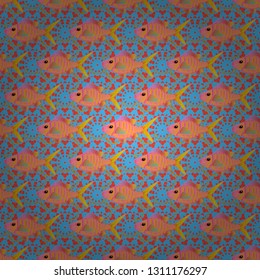 Seamless colorful background. Vector illustration. Cute texture fish pattern. Fishes in red, blue and pink colors.