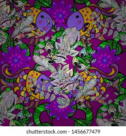 Seamless colorful background. Vector illustration. Fishes on gray, purple and neutral colors. Cute texture fish pattern.