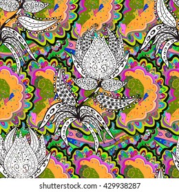 Seamless colorful background.Colorful and white doodles flowers and leafs with gradient shadows. Vector illustration.
