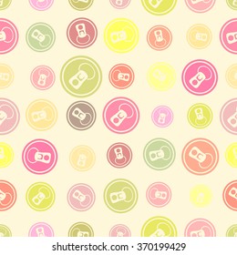Seamless colorful beer or soda can top with lock and ring, on yellow background.
