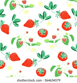 Seamless colorful berry pattern with isolated strawberry on white background. Hand drawn objects and doodles .