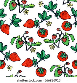 Seamless colorful berry pattern with isolated strawberry on white background. Hand drawn objects and doodles .