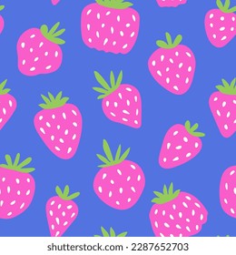 Patrón de fresa grande y sin color. El diseño de verano para bebés de baya para niñas viste tela. Fresas jugosas rosadas a mano en un fondo azul violeta brillante.
