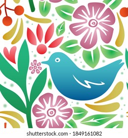 Seamless colorful bird and nature pattern.