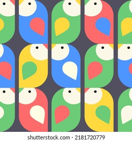 Seamless colorful bird pattern with grayish background. Vector pattern. Colorful and happy pattern. 