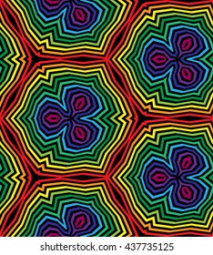 Seamless Colorful and Black Polygonal Pattern.Stripes Decreasing Toward the Center create the illusion of depth and volume. Suitable for textile, fabric, packaging and web design. Vector Illustration.