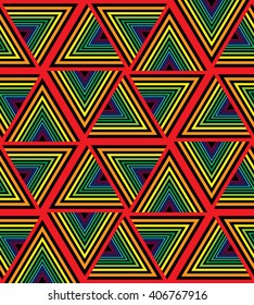 Seamless Colorful  and Black Striped Triangle Pattern. Iridescent Polygonal Geometric Abstract Background. Suitable for textile, fabric, packaging and web design. Vector Illustration.