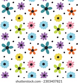 Seamless colorful blossom floral pattern. Hand Drawn naive blossom flower. Vector trendy texture for fabric, textile, wallpaper