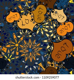 Seamless colorful boho pop art style. Love and happy designs. Summer style illustration with cute elements. Vector. Nice hearts love on blue, brown and black colors on cute background.