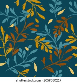 Seamless colorful botanical pattern. Hand-drawn leaves and twigs. Natural background for textile, cover, wallpaper, gift packaging, printing.Romantic design for calico, silk.