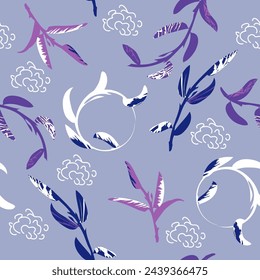 Seamless colorful botanical pattern. Hand-drawn leaves and twigs in purple and white. Natural background for textile, cover, wallpaper, gift packaging, printing.Romantic design for calico, silk. 