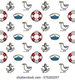 Seamless colorful bright nautical pattern, vector background with line lifebuoy, anchor, seagull, captain cap on the navy blue background