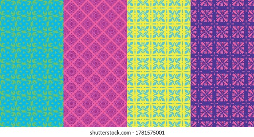 Seamless colorful bright patchwork tile with Islam, Arabic, Indian, ottoman motifs. Majolica pottery tile. Portuguese and Spain decor. wallpaper for textile and fabric. Fashion style.