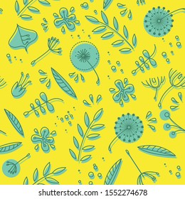 Seamless colorful bright pattern with green flowers and leaves on yellow background. Floral modern pattern for textile. Vector pattern.