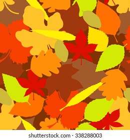 Seamless colorful and bright pattern made of fallen autumn leaves . Background group of different shape green, yellow, brown and orange color leaves. vector art image illustration. Outdoor. eps10