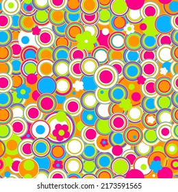 Seamless colorful bright pattern with manycoloured round shaped bubbles in pink green and arange colors. Vector endless backgfound. For home textile or wrapping paper.