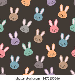 Seamless Colorful Bunny Head Pattern in Black Background
