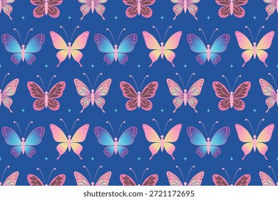 Patrón colorido inconsútil de la mariposa en el fondo azul profundo Patrón inconsútil de las mariposas pastel de la fantasía con las alas decorativas Patrón brillante lindo de la repetición de la mariposa en colores vibrantes