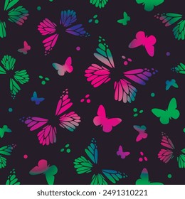 Seamless colorful butterfly vector pattern. Butterfly textile pattern on black background.