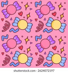 Seamless colorful candy pattern featuring hearts, sparkles, and decorative shapes on a pink background exuding joy, sweetness, and playful style for use in design projects or festive illustrations.