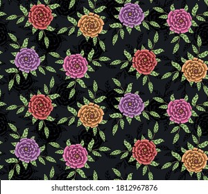 Seamless colorful carnation flowers pattern, black background, greeting card, wallpaper