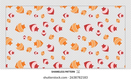 Seamless colorful cartoon fish pattern with red and orange marine animals on transparent background