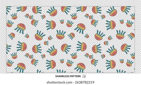 Seamless colorful cartoon jellyfish pattern with orange and blue marine life on transparent background