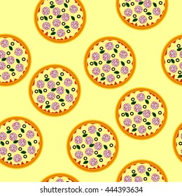 Seamless colorful cartoon pizza texture on a light yellow background