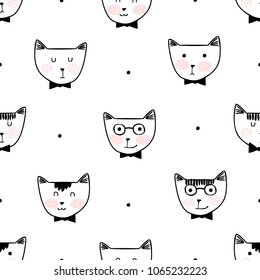 Seamless colorful cat pattern vector illustration. Smiling cute cats background. Creative nursery background. Perfect for kids design, fabric, wrapping, wallpaper, textile, apparel