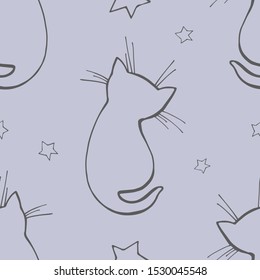 Seamless colorful cat pattern vector illustration. Little kitten and stars
